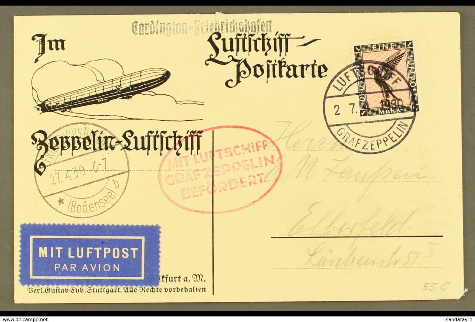 1930 1mk Eagle Airmail Stamp On Ppc Carried On "England Flight" With S/l Cardington - Friedrichshafen Cachet  And Red Ov - Autres & Non Classés