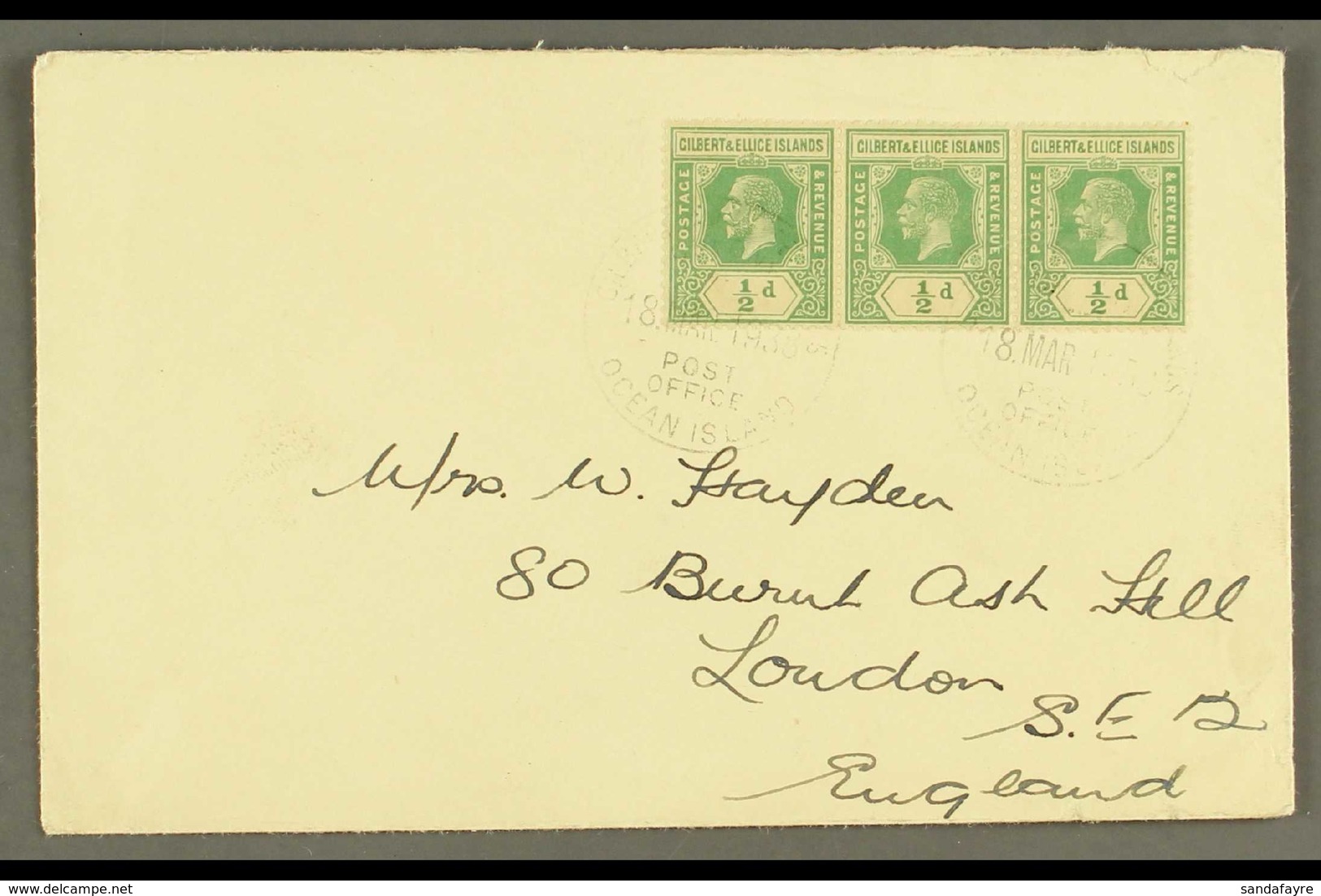 OCEAN ISLAND 1938 Cover Bearing KGV ½d X3 Cancelled With Two Light & Clear Strikes Of "Gilbert & Ellice Islands / Ocean  - Gilbert & Ellice Islands (...-1979)
