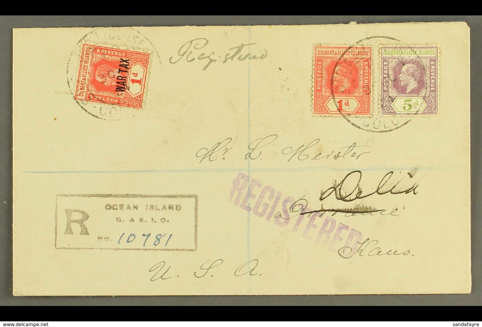 OCEAN ISLAND 1924 Registered Cover To USA, Bearing KGV 1d & 5d, With Additional 1d "War Tax" Stamp, Cancelled With "G.P. - Îles Gilbert Et Ellice (...-1979)