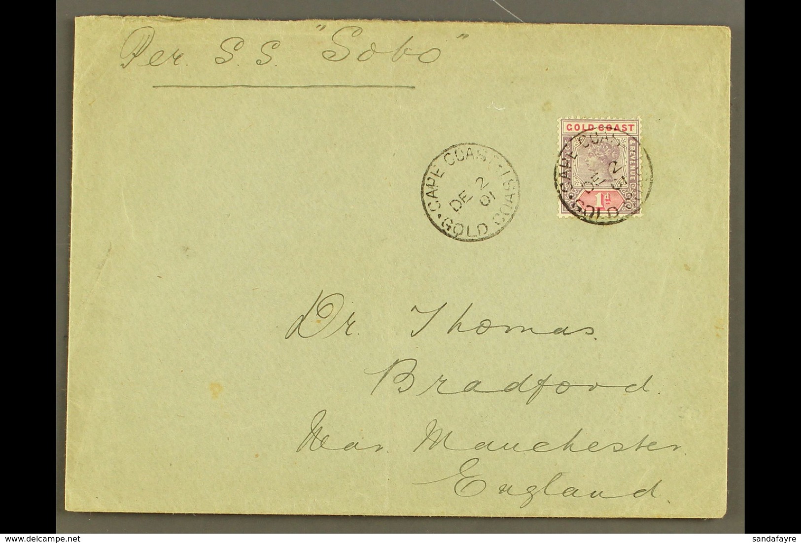 1901 (2 Dec) Cover Addressed To England, Endorsed "Per S.S. Soho", Bearing 1d QV Stamp Tied By "Cape Coast" Cds, Plus An - Gold Coast (...-1957)