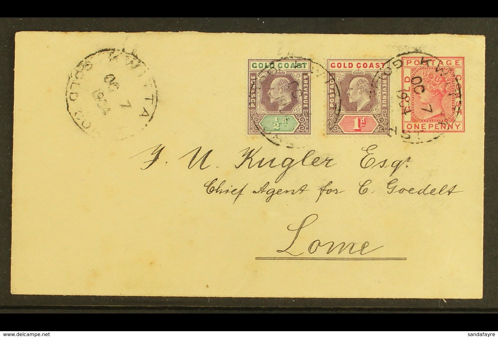 1904 POSTAL STATIONERY ENVELOPE TO TOGO (Oct 7th) Uprated (1899) 1d Postal Stationery Envelope, H/G B1, Bearing Addition - Côte D'Or (...-1957)