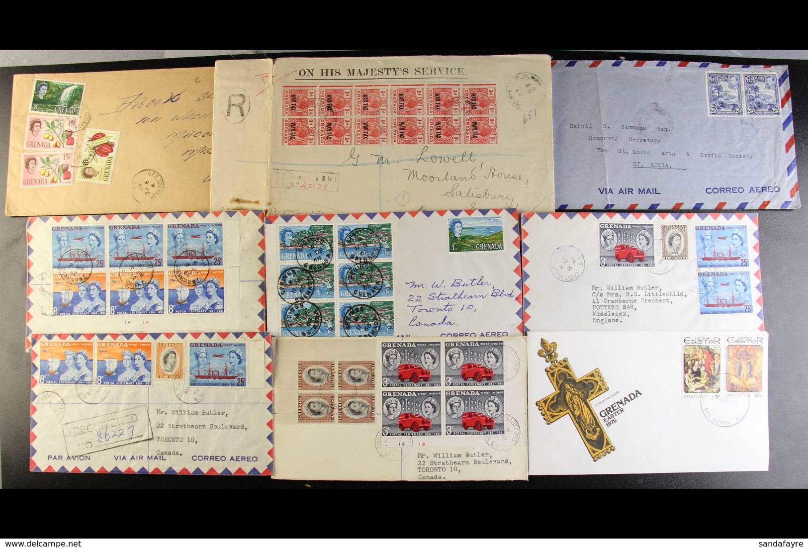 COVERS Small Group Incl. Nice KGV War Tax 1d Block Of 12 On 1919 O.H.M.S. Cover, Five Airmail Covers With Multiple Frank - Grenada (...-1974)