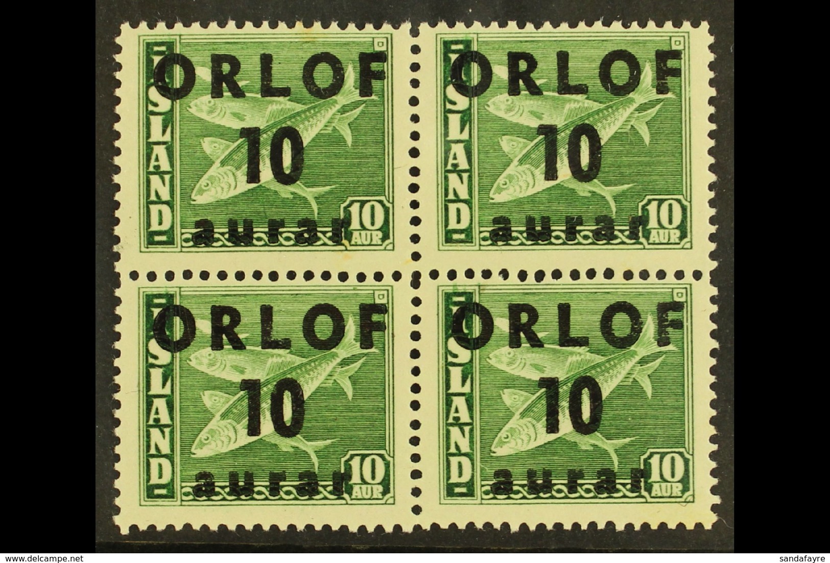 REVENUE STAMPS 1943 Vacation Savings Stamps - "ORLOF" Overprint 10aur On 10aur Green Codfish - A Never Hinged Mint BLOCK - Sonstige & Ohne Zuordnung