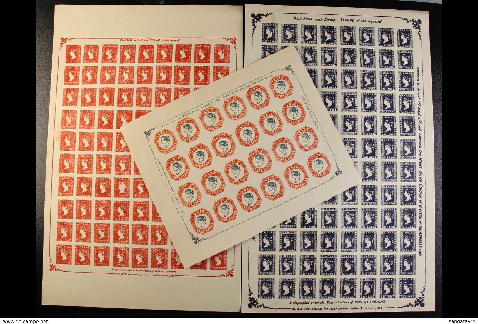 1854 FORGED COMPLETE IMPERF SHEETS. ½a Vermilion (as SG 1) Sheet Of 90, ½a Blue (as SG 2) Sheet Of 96 And 4a Blue & Red  - Autres & Non Classés