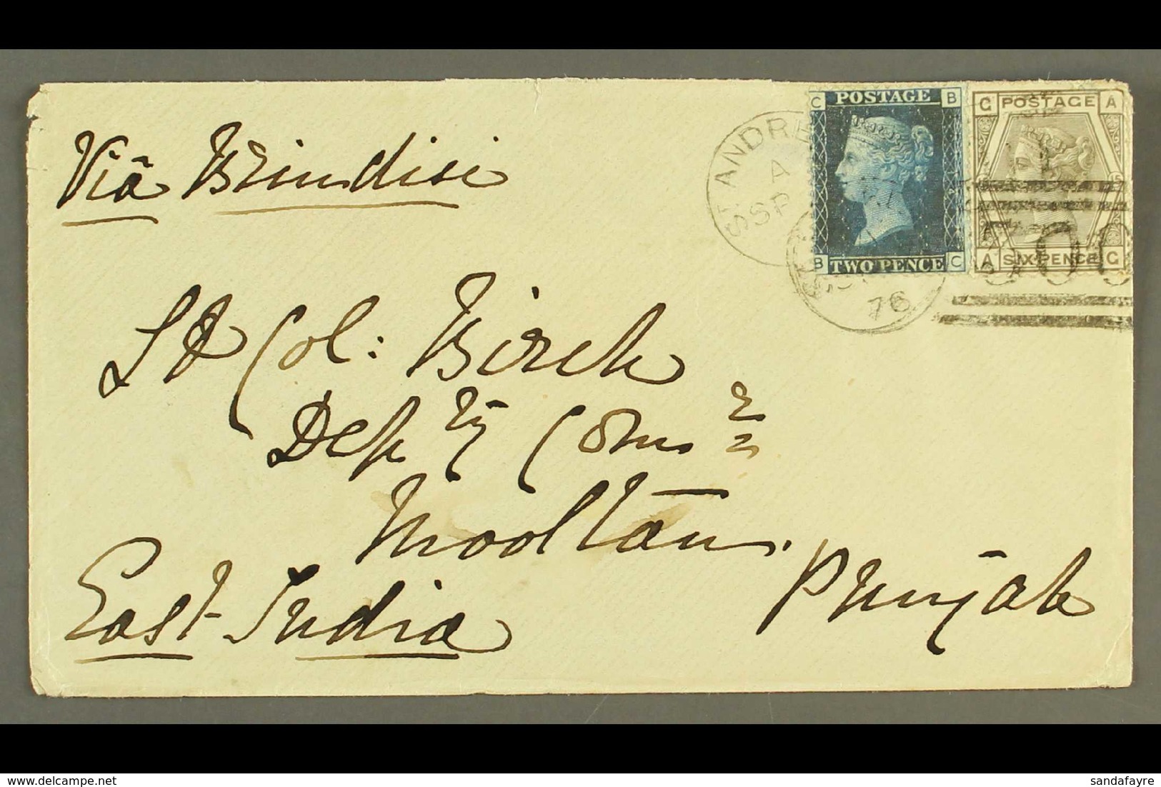 1876 (Sept) Env From St Andrews (Scotland) To A Lt Col Birch At Mooltan, Punjab, East India Bearing GB 1858-79 2d Blue P - Other & Unclassified