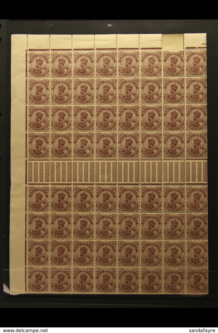 1911-22 HALF SHEET Of The 1921 1½a Chocolate (type B), SG 165, A Complete Top Half Of The Sheet (16 X 8) Showing Margins - Sonstige & Ohne Zuordnung