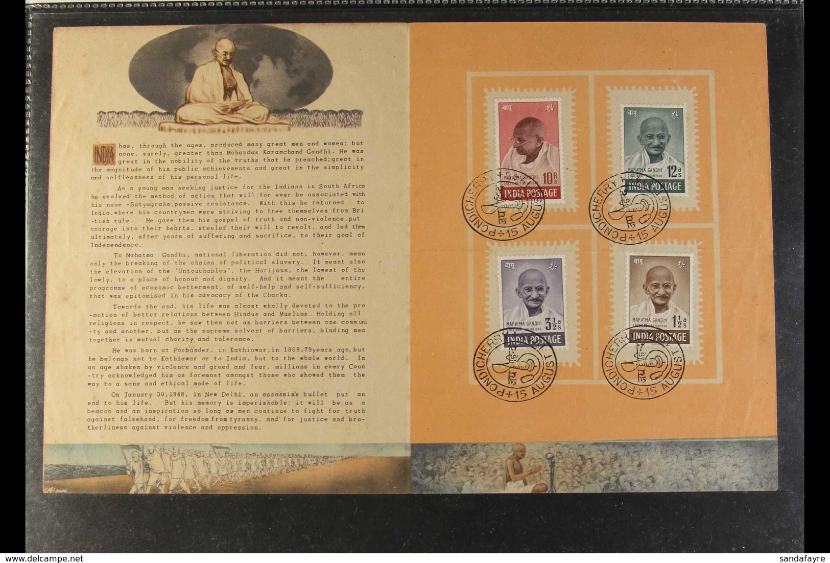 1948 (15 Aug) Gandhi Set Complete (SG 305/8) Tied To Official Special Illustrated Memorial Folder By "PONDICHERRY" Comme - Sonstige & Ohne Zuordnung