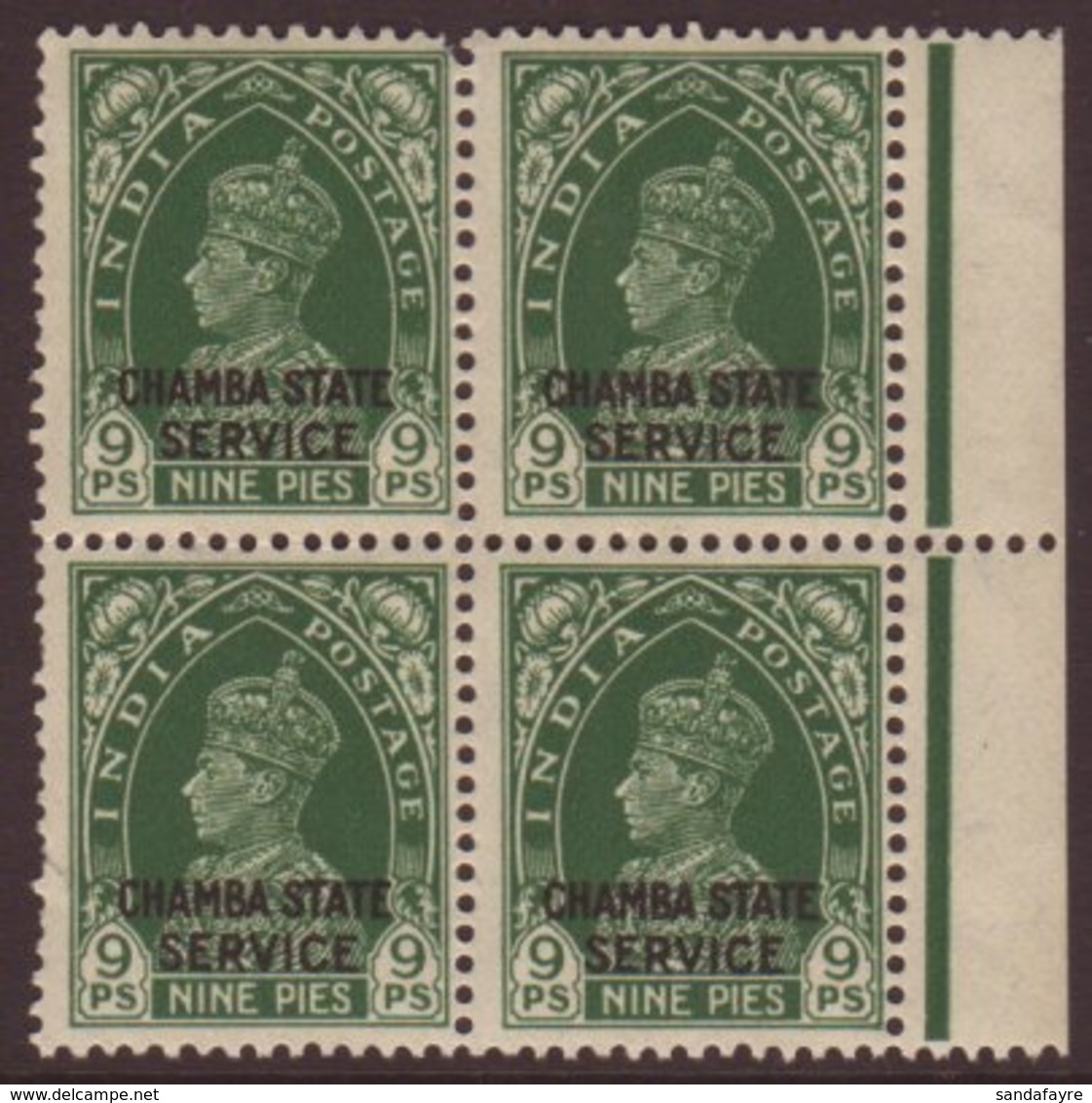 CHAMBA OFFICIAL 1938-40 KGVI 9p Green, SG O66, Never Hinged Mint Marginal BLOCK OF FOUR. For More Images, Please Visit H - Sonstige & Ohne Zuordnung