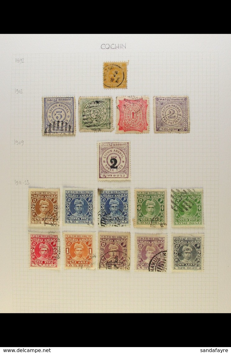 COCHIN 1892-1949 FINE USED COLLECTION On Leaves, Inc 1942-44 Surcharges To 9p On 1a, 1944-48 9p & 1a3p, 1949 2a Nets, 19 - Autres & Non Classés