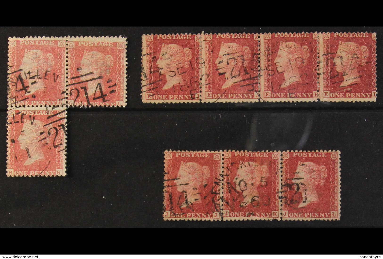 1856-58 GB 1d Reds Perf 14 Wmk LC, With 2 Strips Of 3 (one Irregular) & A Strip Of 4, All Used With Fine Irish Spoon Typ - Other & Unclassified