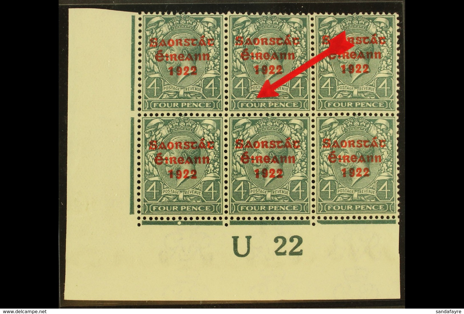 1922-23 4d Grey-green With Thom Three Line Overprint In Red, SG 58, With "BREAK OVER FOUR" Variety, Plate 1e,R19/2, Hib  - Other & Unclassified