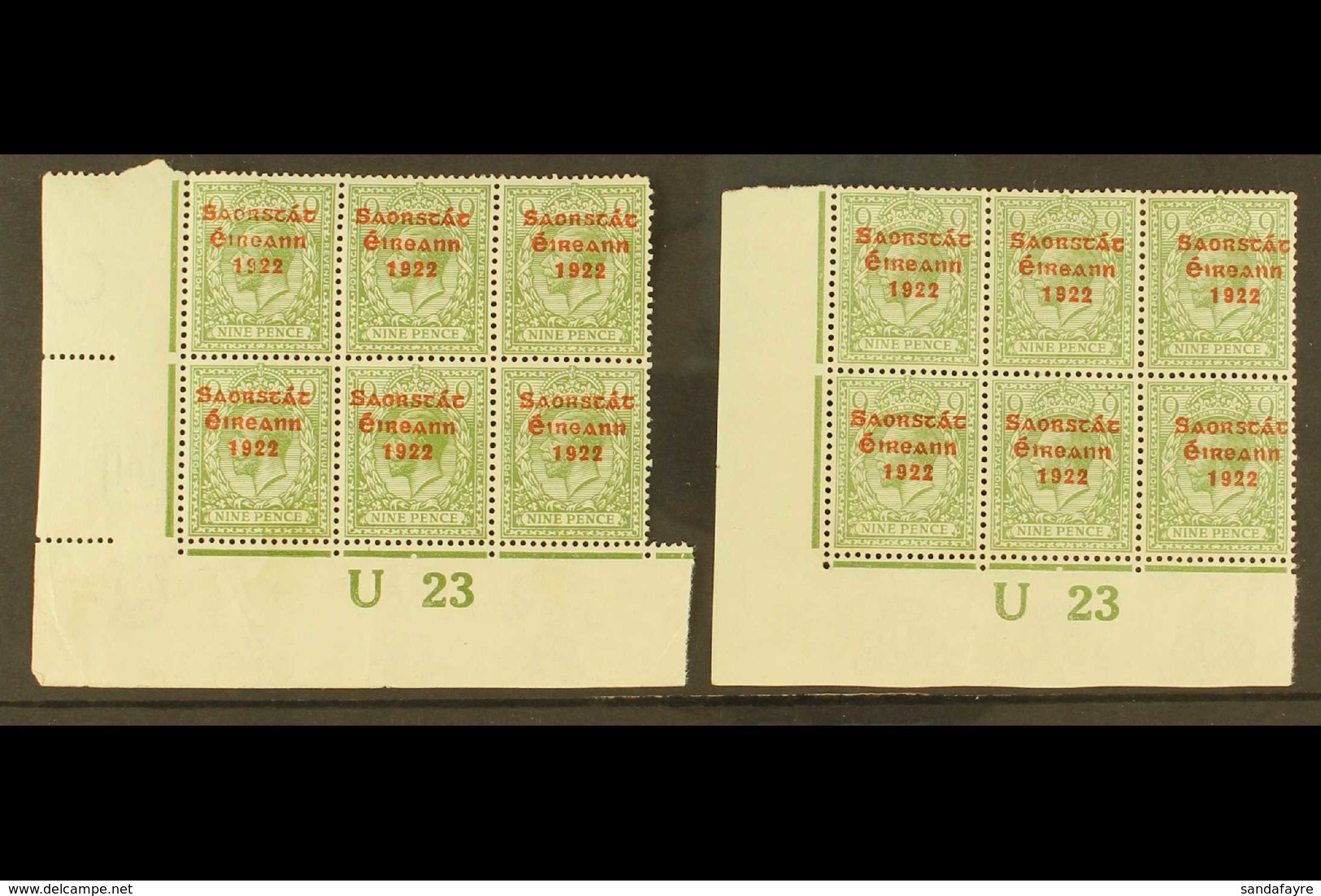 1922-23 9d Olive- Green TWO Corner Control Block Of Six, Each "U23" One Imperf In Left Margin, The Other Perforated (Hib - Sonstige & Ohne Zuordnung