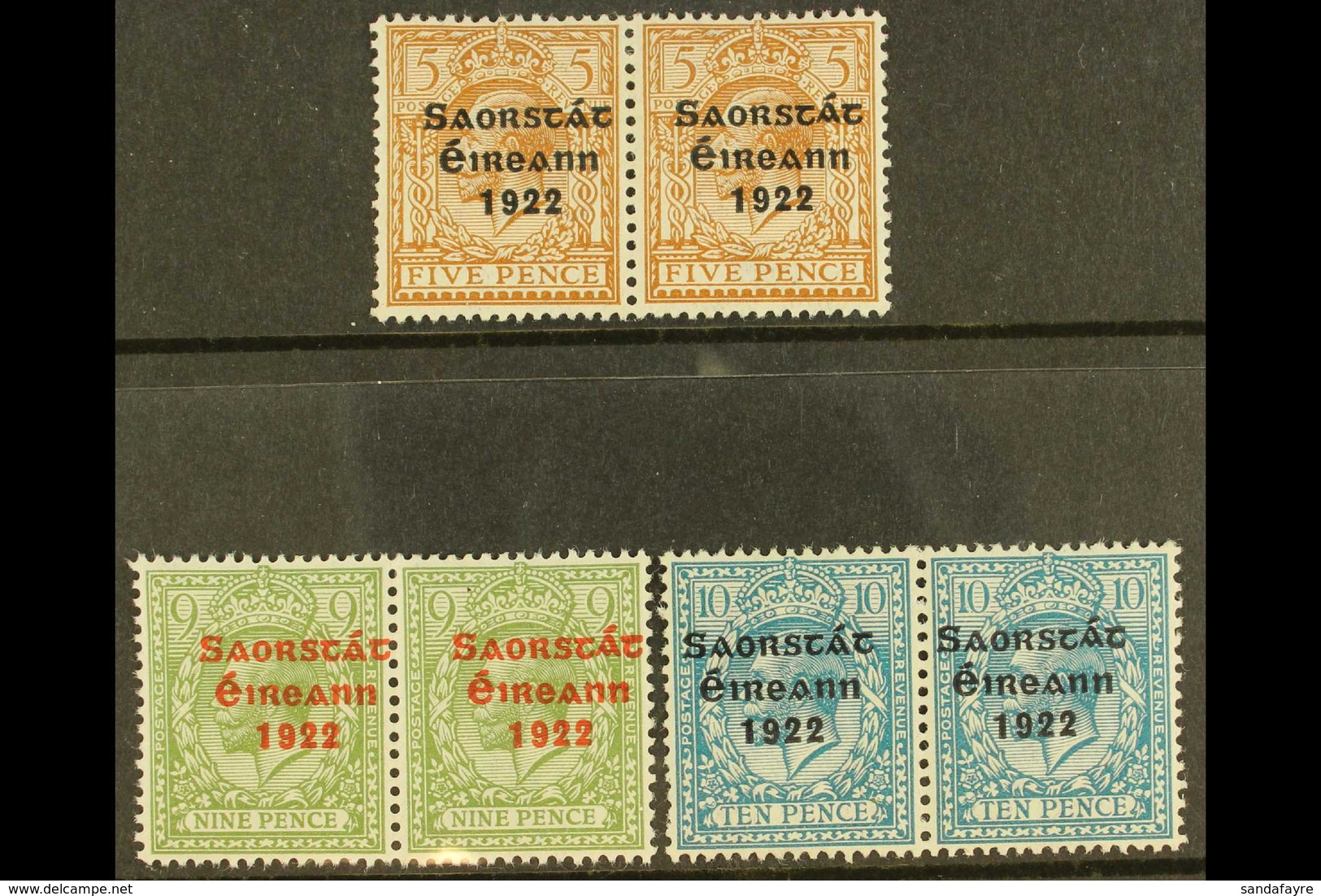 1922-23 SAORSTAT 5d, 9d And 10d Horizontal Pairs, One In Each Showing Raised "A", Fine Mint. For More Images, Please Vis - Other & Unclassified