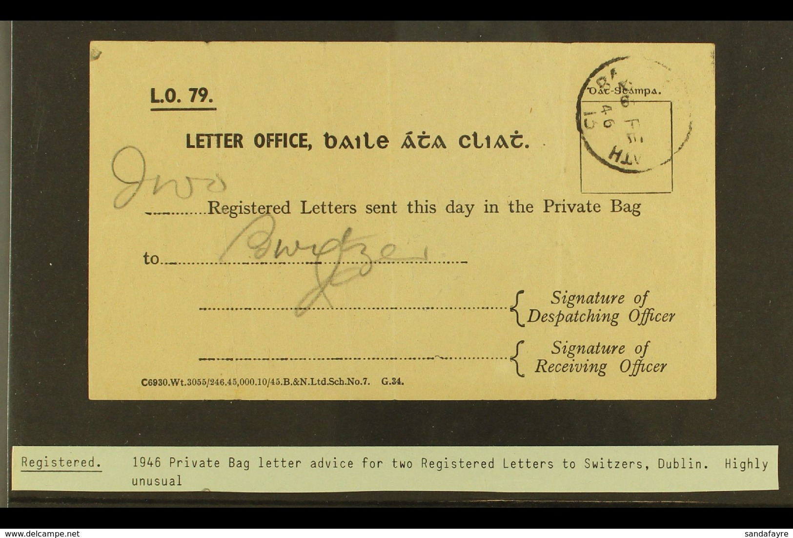 1946 PRIVATE BAG LETTER ADVICE A Scarce Private Bag Receipt For Two Registered Letters  To Switzers In Dublin. For More  - Autres & Non Classés
