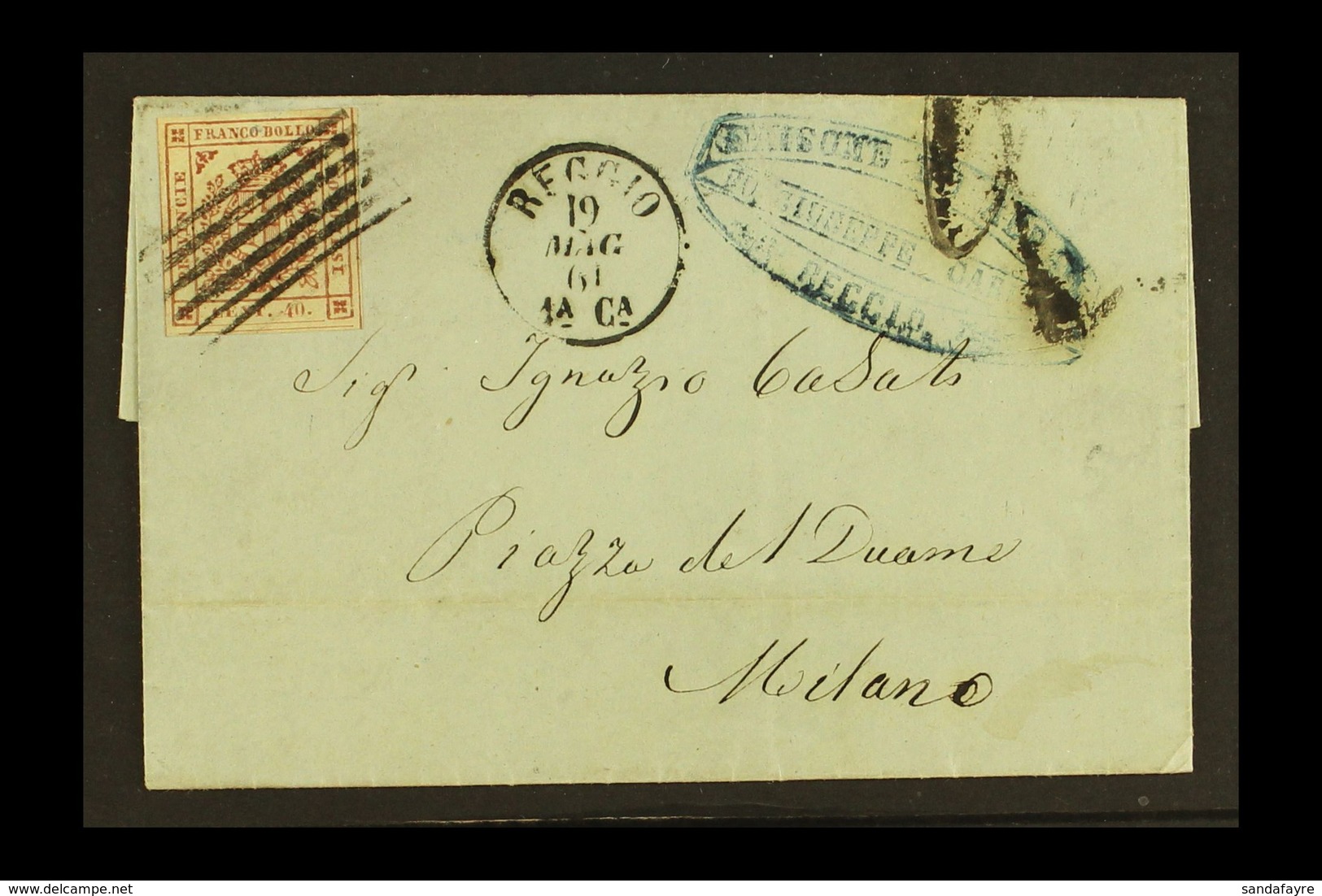 MODENA 1859 40c Brownish Carmine, Sass 17c, Superb Used On 1861 Cover To Milan, Tied By Neat 5 Bar Cancel With Reggio 19 - Non Classés