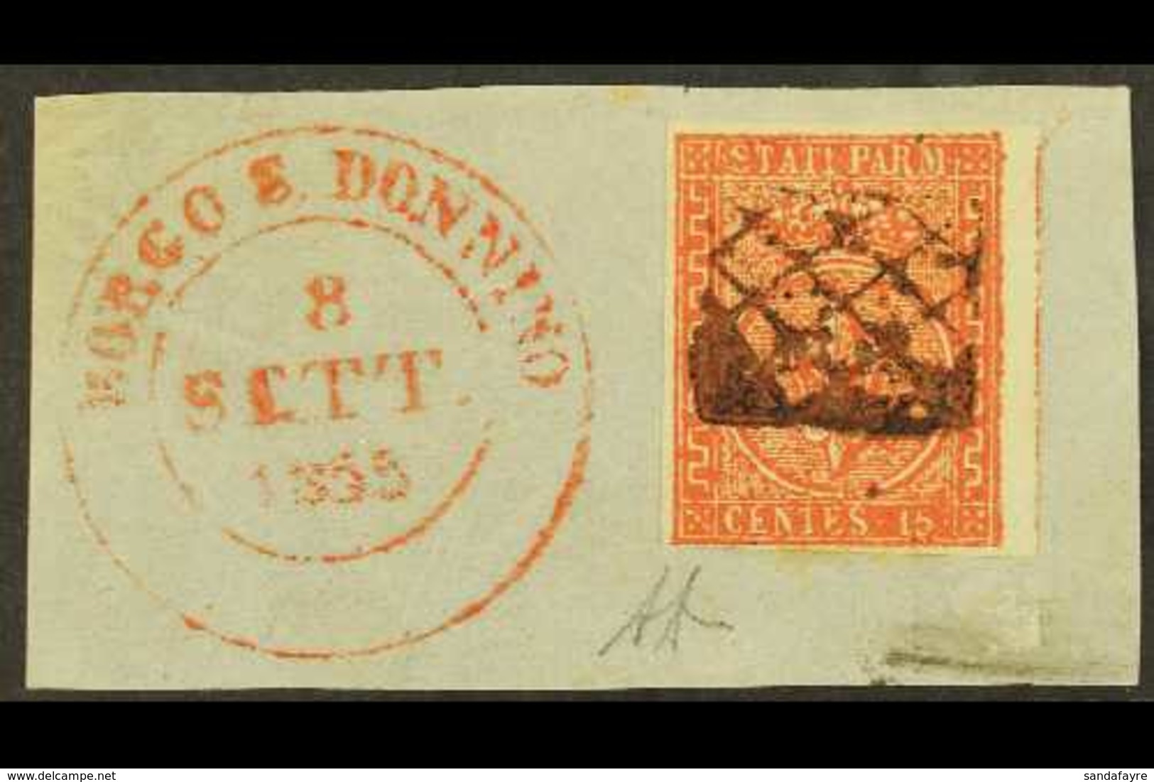 PARMA 1853 15c Vermilion, Sass 7, Superb Used With Clear To Large Margins On Piece With Boxed Grid Cancel And Associated - Non Classés