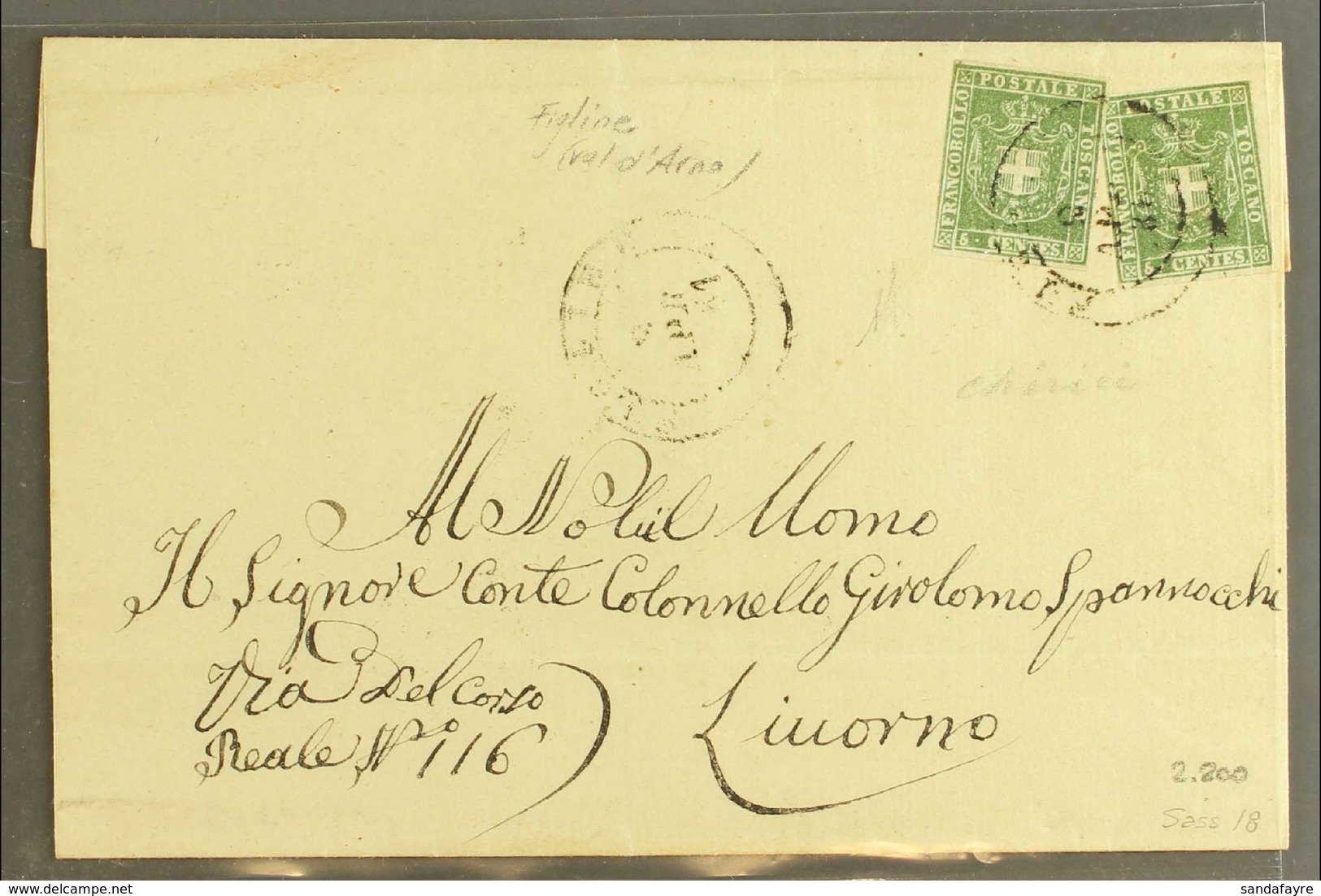 TUSCANY 1861 Cover Addressed To Count Colonel Girolom Spannocchi Franked 1860 5c Green (2) Sent From Florence To Livorno - Ohne Zuordnung