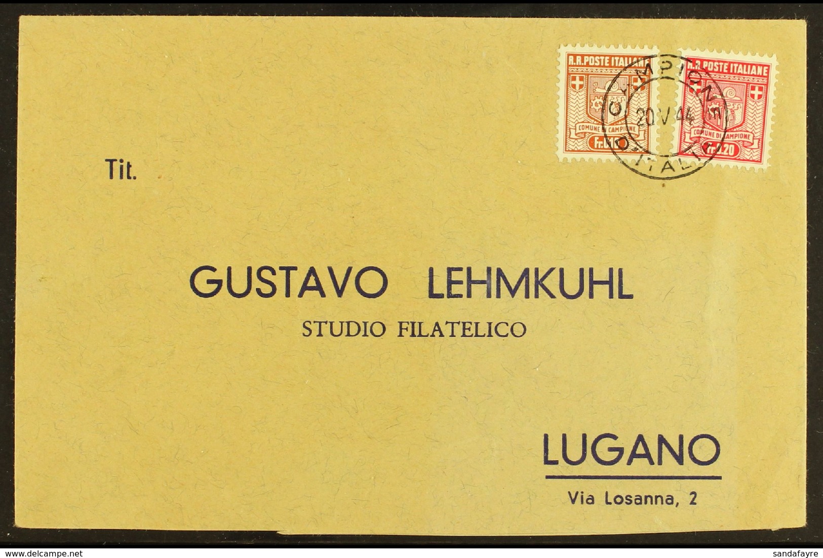 CAMPIONE 1944 (20 May) 10c And 20c Perf 11½, Sass 2a/3a, Very Fine Used On Printed Envelope Tied By Crisp FDI Cds. The E - Ohne Zuordnung