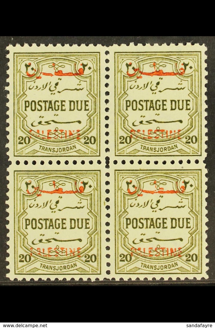 OCCUPATION OF PALESTINE 1948 20m Olive Postage Due Overprinted, SG PD29, Superb NHM Block Of 4. Cat SG £440. For More Im - Jordanie