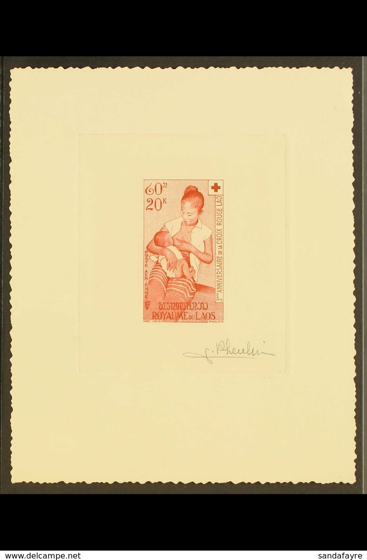1958 SIGNED SUNKEN IMPERF DIE PROOF For The 20k Air Red Cross Issue (Yvert 34, SG 84), Printed In Red On Card, Overall S - Laos