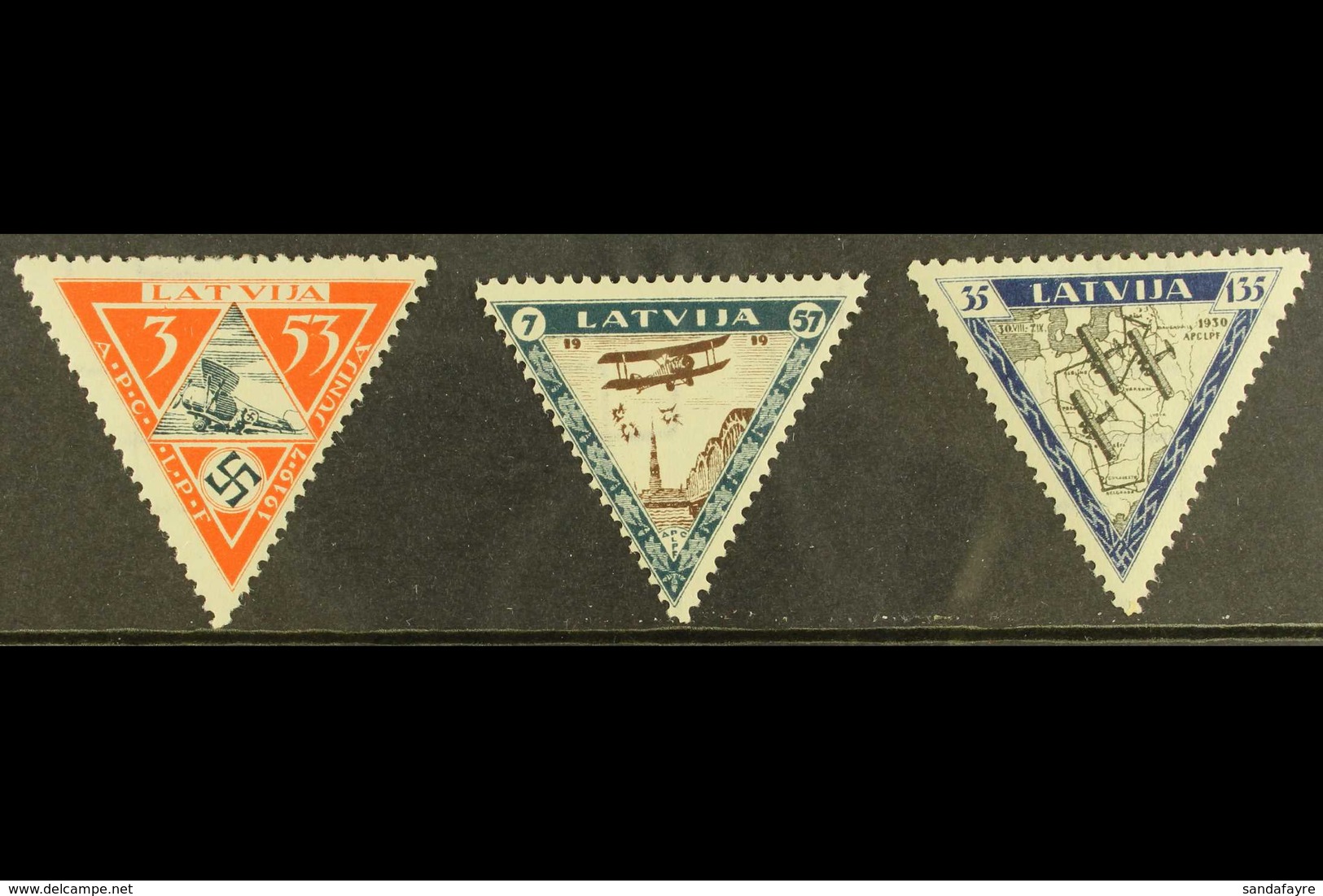 1933 Air Charity Wounded Airmen Triangular Complete Perf Set (Michel 225/27 A, SG 240A/42A), Fine Never Hinged Mint, Ver - Latvia