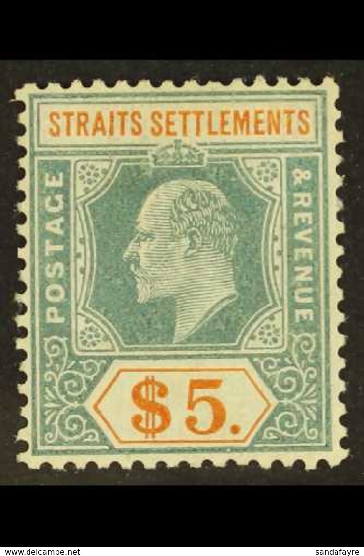 1904-10 $5 Dull Green & Brown-orange, Wmk Mult Crown CA, Chalky Paper, SG 138a, Fine Mint. For More Images, Please Visit - Straits Settlements