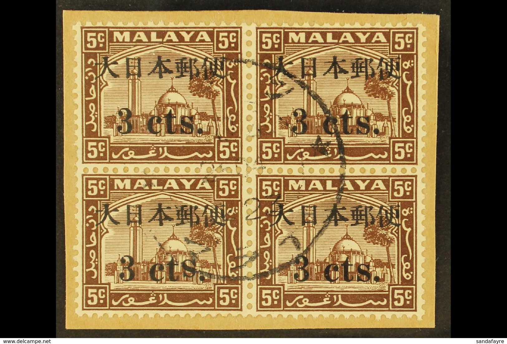 GENERAL ISSUES 3c On 5c Brown Of Selangor Ovptd With Kanji Characters, Block Of 4, One Showing The Variety "S In Cents I - Other & Unclassified