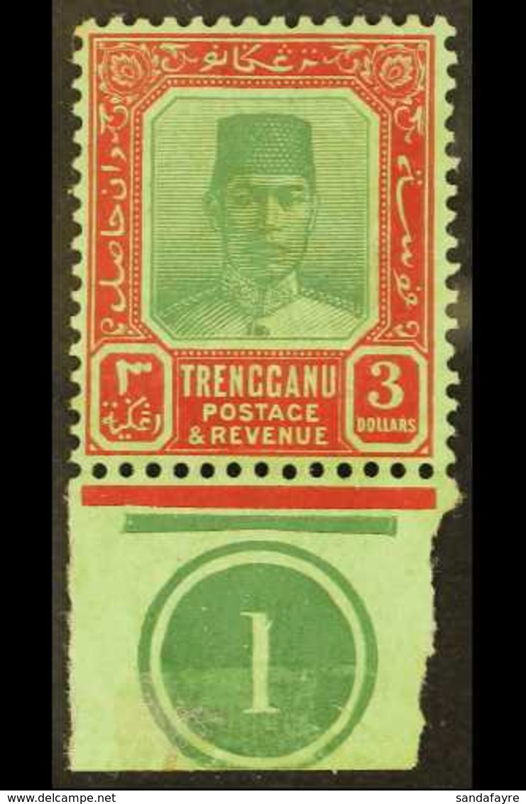 TRENGGANU 1921 (wmk Mult Crown CA) $3 Green And Red/emerald, SG 24, Fine Mint Plate Number Marginal. For More Images, Pl - Sonstige & Ohne Zuordnung
