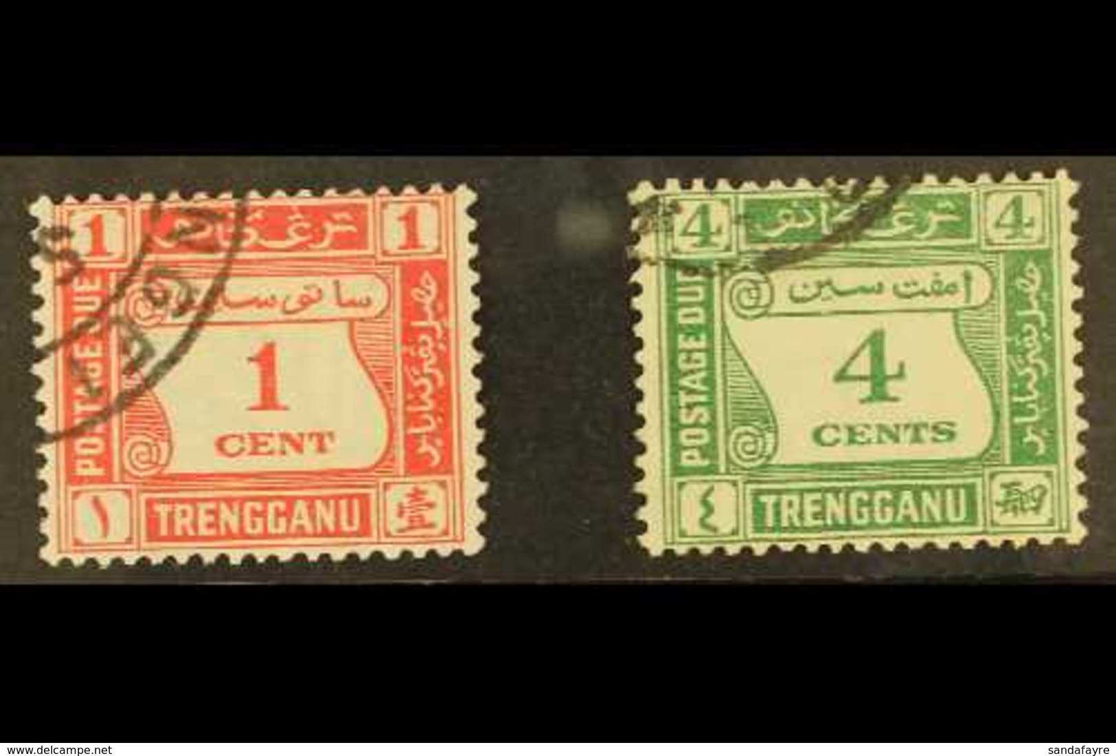 TRENGGANU POSTAGE DUE 1937 1c Scarlet And 4c Green, SG D1/2, Very Fine Used. (2 Stamps) For More Images, Please Visit Ht - Other & Unclassified