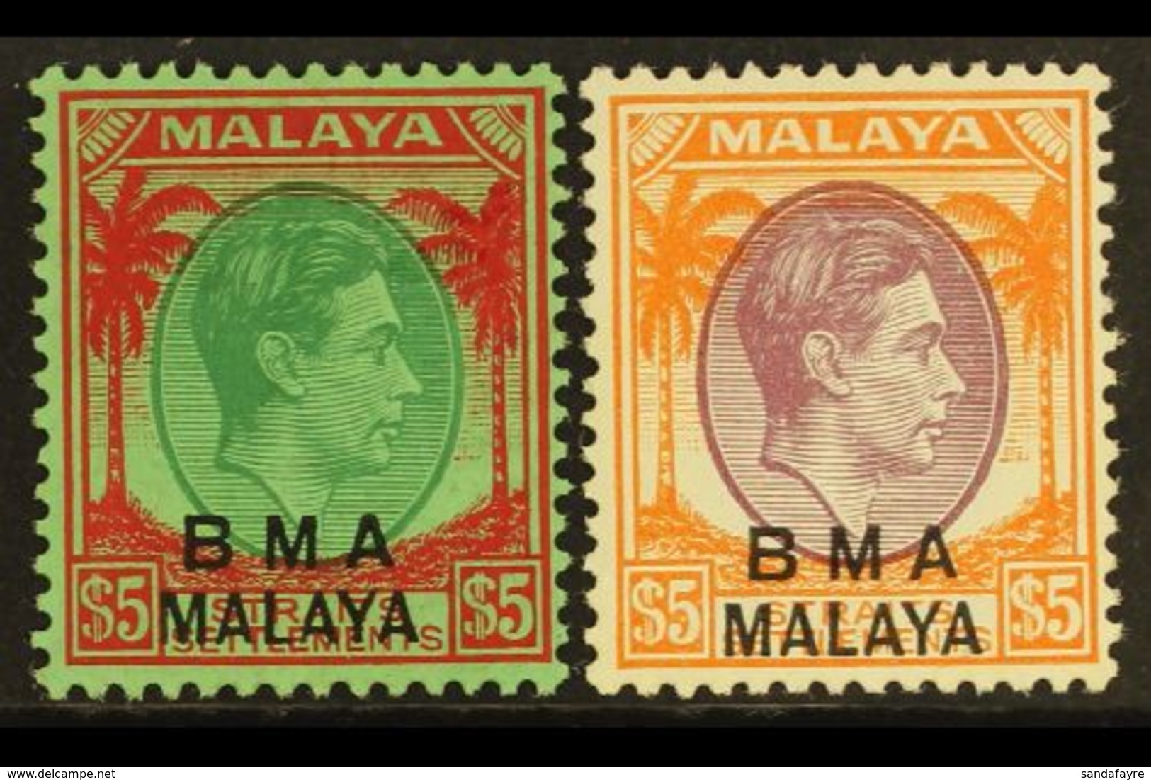 1945-8 $5 Green & Red On Emerald Plus $5 Purple & Orange, SG 17/18, Very Fine Mint (2). For More Images, Please Visit Ht - Malaya (British Military Administration)