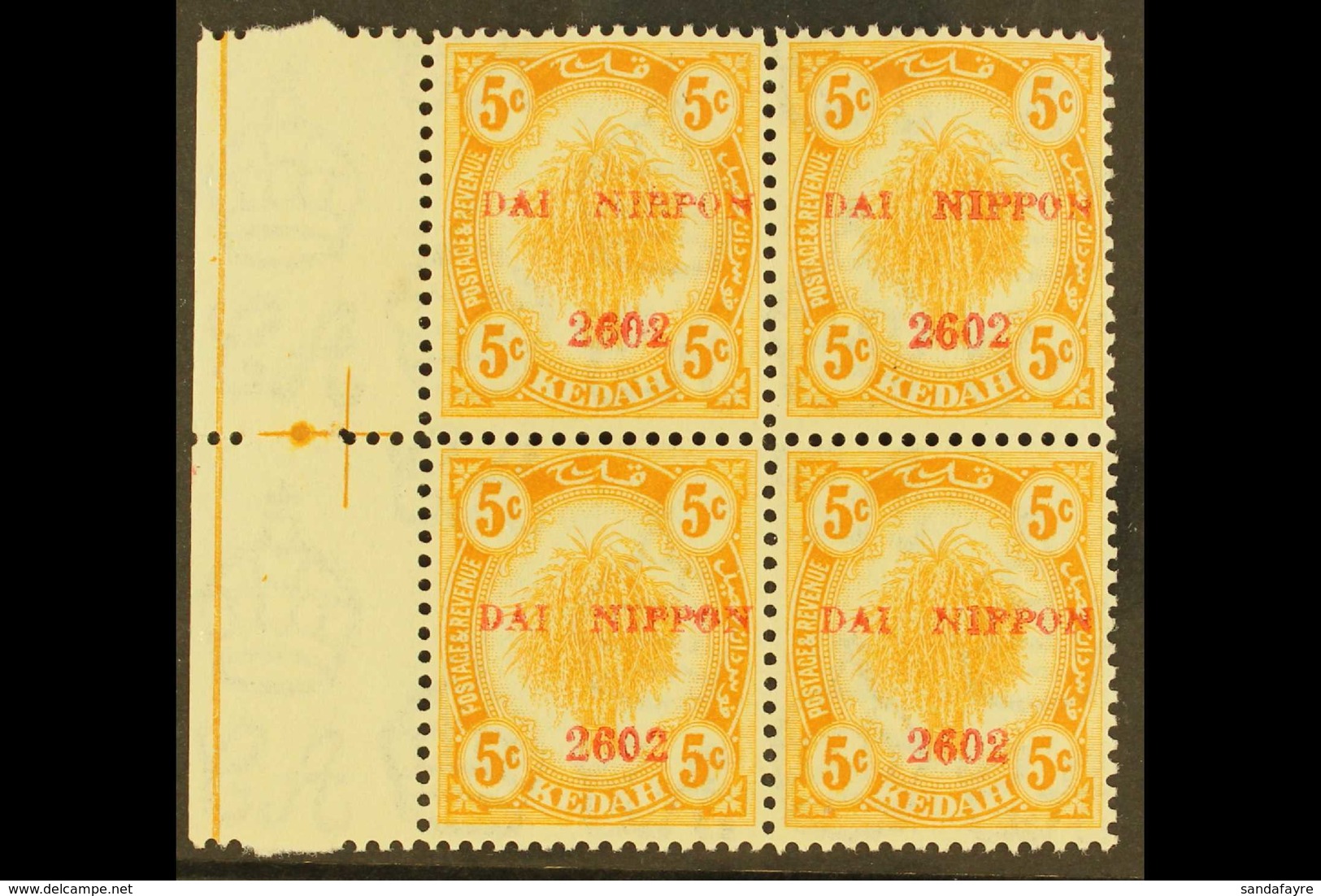 KEDAH 1942-43 5c Yellow Block Of Four, The Upper- Left Stamp With The "NIRPON" Overprint Error (SG J4 Variety), Very Fin - Autres & Non Classés