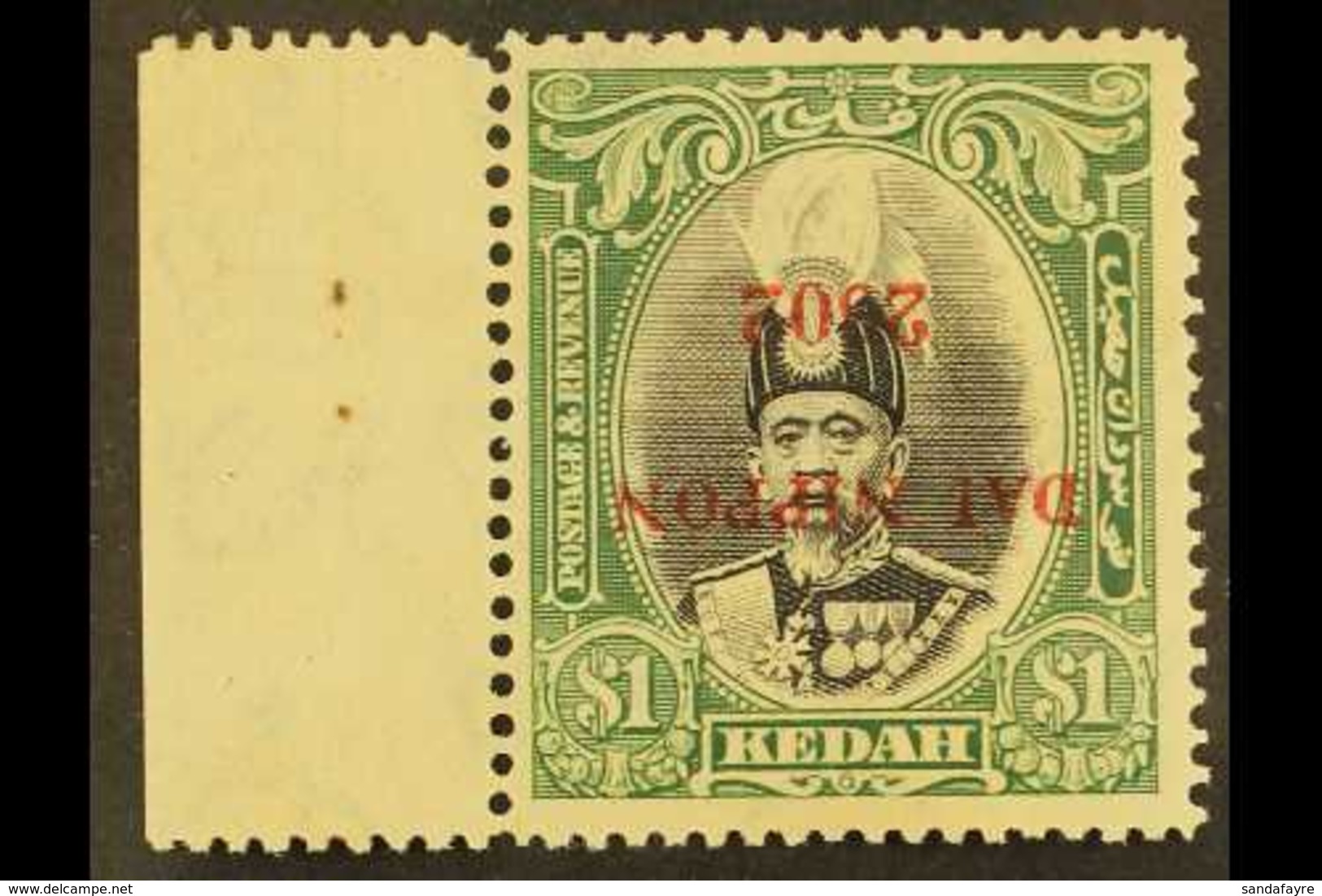 KEDAH 1942-43 $1 Black And Green With OVERPRINT INVERTED, SG J13a, Never Hinged Mint, The Gum Lightly Toned. Ex Robson L - Other & Unclassified