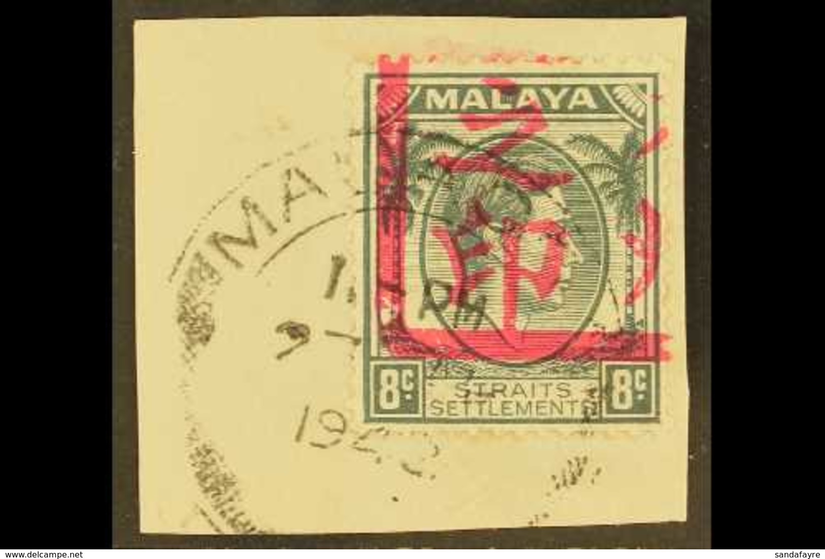 MALACCA 1942 8c Grey With Red Handstamp, SG J49, Very Fine Used Tied To Piece. For More Images, Please Visit Http://www. - Sonstige & Ohne Zuordnung