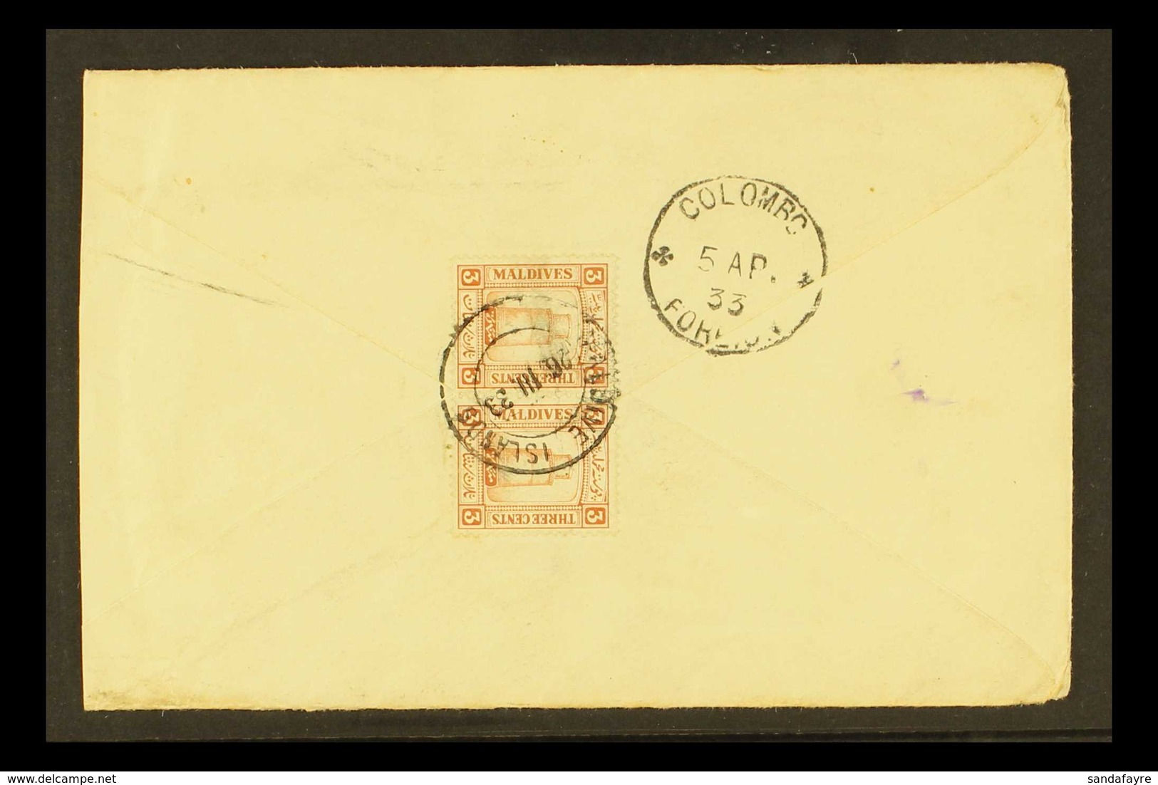 1933 Cover Addressed To H.H. Prince Mandooge Tutti Maniffulu, Colombo Franked 3c Red Brown Pair Tied By Maldive Islands  - Malediven (...-1965)