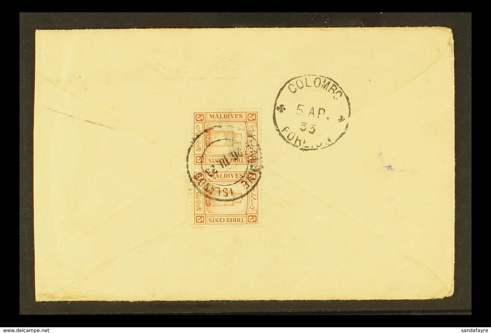 1933 Cover Addressed To H.H. Prince Mandooge Tutti Maniffulu, Colombo Franked 3c Red Brown Pair Tied By Maldive Islands  - Maldives (...-1965)