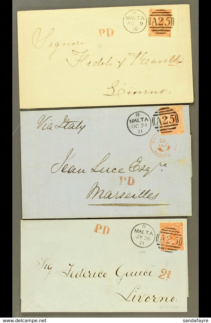1870-71 GB USED IN 4d Vermilion Plate 12, SG Z49, Three Attractive Envelopes To Livorno Or Marseilles, Each With Crisp U - Malte (...-1964)