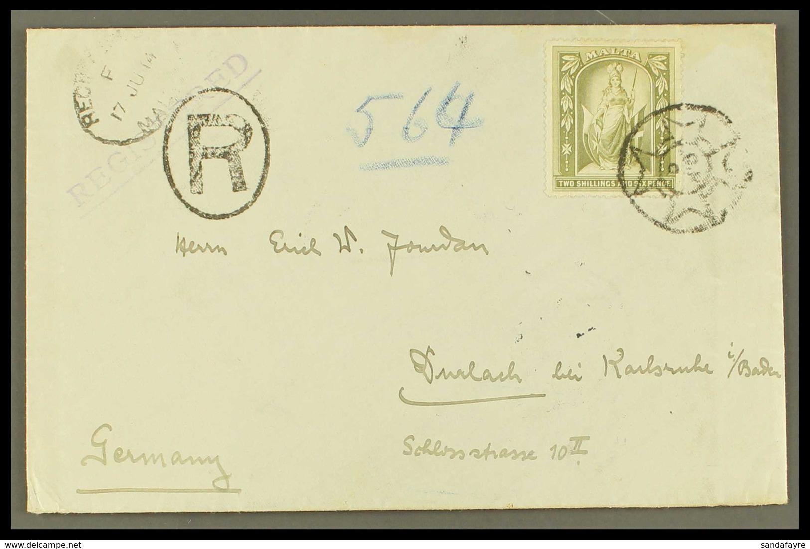 1914 (17 June) Env Registered To Germany Bearing The 2s6d Olive- Grey (SG 34) Tied Maltese Cross Type Circular Handstamp - Malte (...-1964)