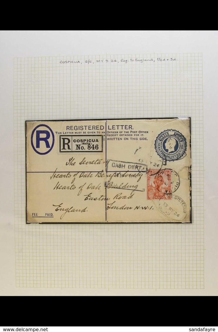 1924-1936 REGISTERED MAIL. An Interesting Collection Of Registered Covers Written Up On Leaves, Bearing Various KGV Stam - Malta (...-1964)