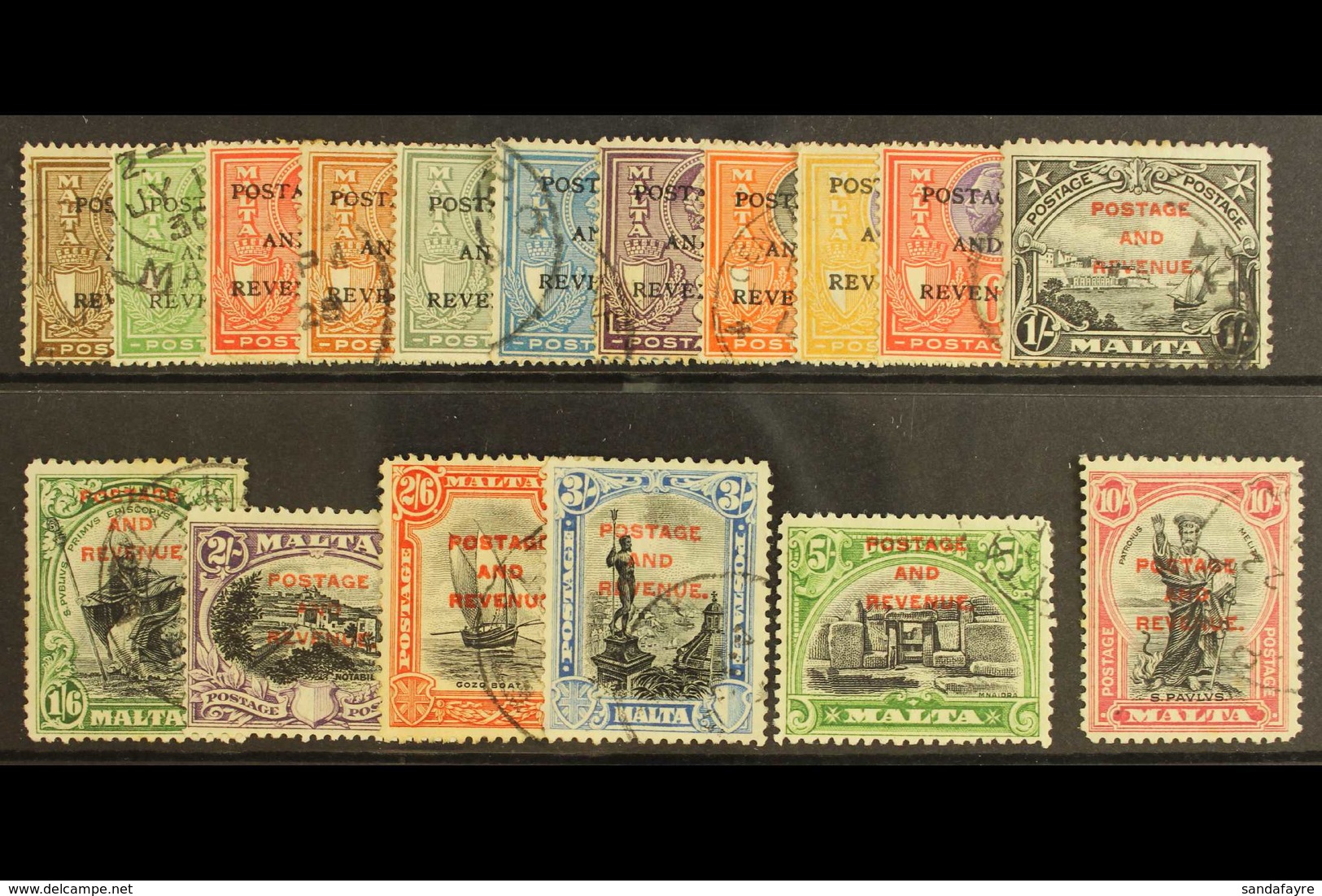 1928 St. Paul Set Ovptd "Postage And Revenue", Complete Less 1d And 1½d 1928 Vals, , SG 174/192, Very Fine Used. (17 Sta - Malta (...-1964)