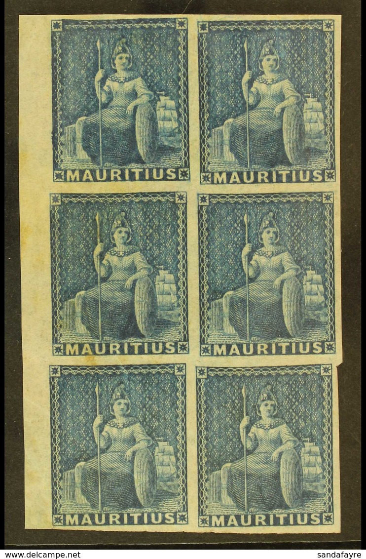 1858 Unissued Blue "Britannia", SG 31, Marginal Mint Block Of 6 (1 Block Of 6) For More Images, Please Visit Http://www. - Maurice (...-1967)