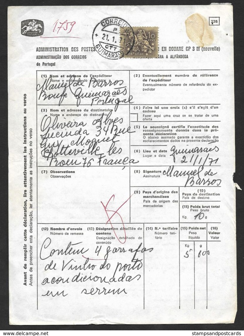 Portugal Declaration Douane Avec Timbre Exportation Vin Porto Guimarães 1971 Port Wine Customs Declaration With Stamp - Brieven En Documenten