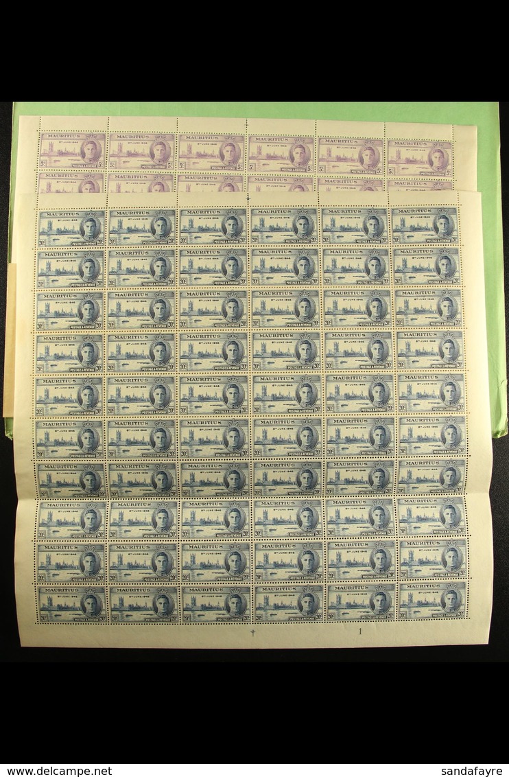 1946 Victory Set, SG 264/65, In COMPLETE SHEETS OF SIXTY, Never Hinged Mint. The 20c Sheet With "Flag On Tower" Variety  - Maurice (...-1967)