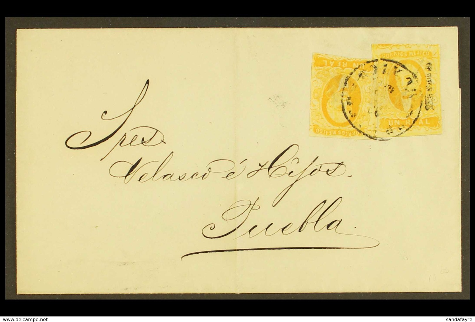 1861 (Feb) Cover From Mexico City To Puebla, Bearing 1r Yellow With And Without District Overprint (Sc 2 And 2c), Tied B - Mexique