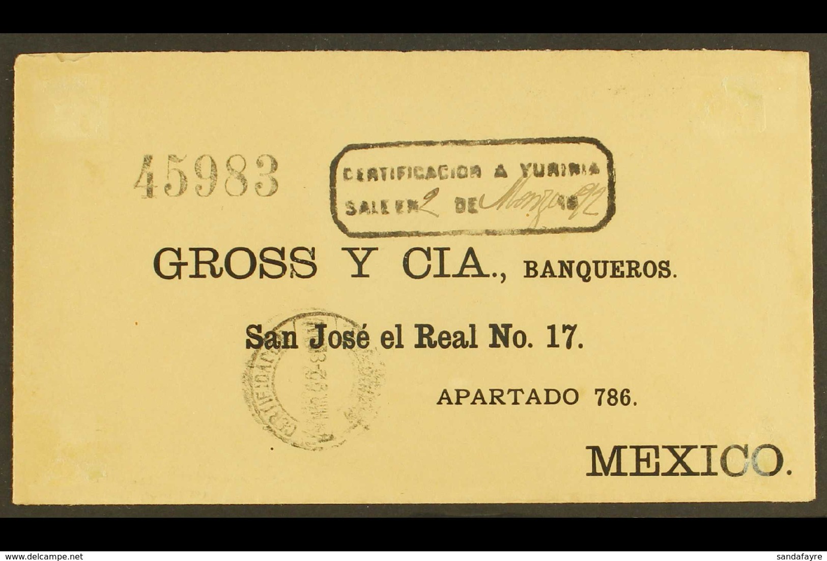 1892 (2 March) Registered Cover Addressed To Cuidad San Jose El Real, Mexico Bearing (on Reverse) 5c Ultramarine, 10c Ve - Mexique