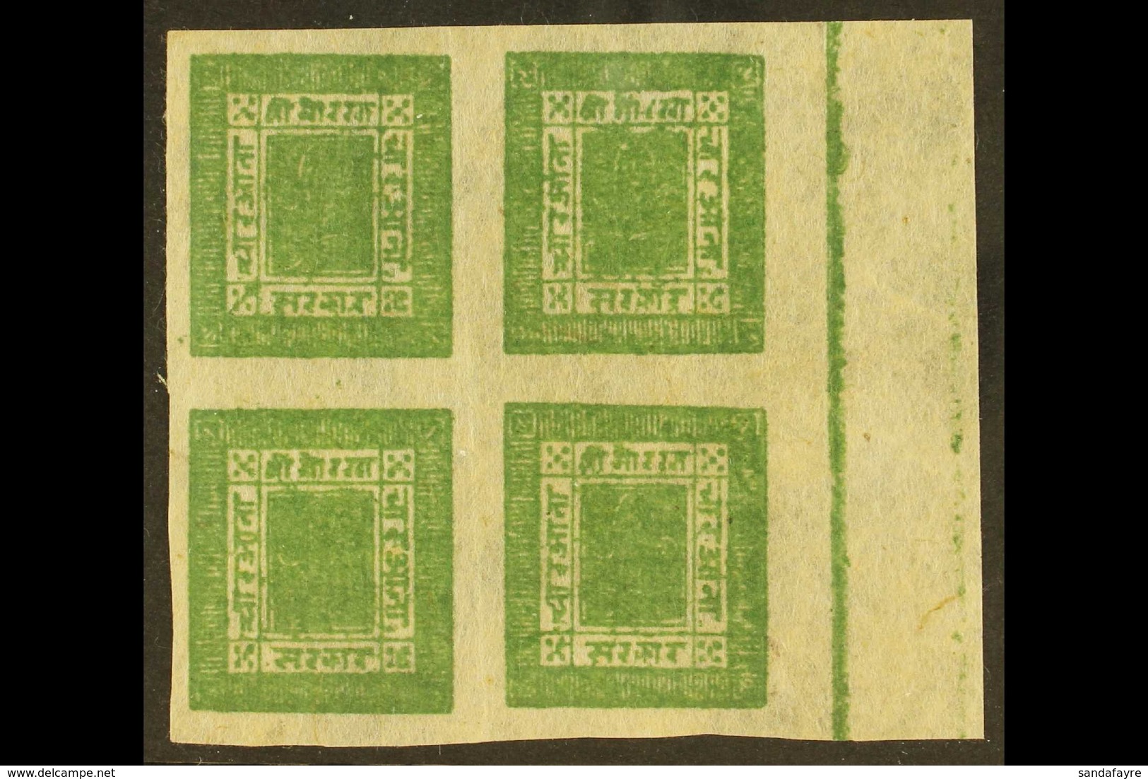 1886-98 4a Green, Imperf On Native Paper (SG 9, Scott 9, Hellrigl 10), Marginal BLOCK OF FOUR (setting 8, Positions 47-4 - Nepal