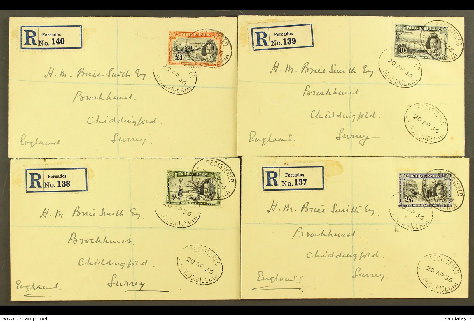 1936 Pictorial 2s6d To £1, SG 42/45, Each On A Separate Neat Registered Cover From Forcados To England, Highly Attractiv - Nigeria (...-1960)