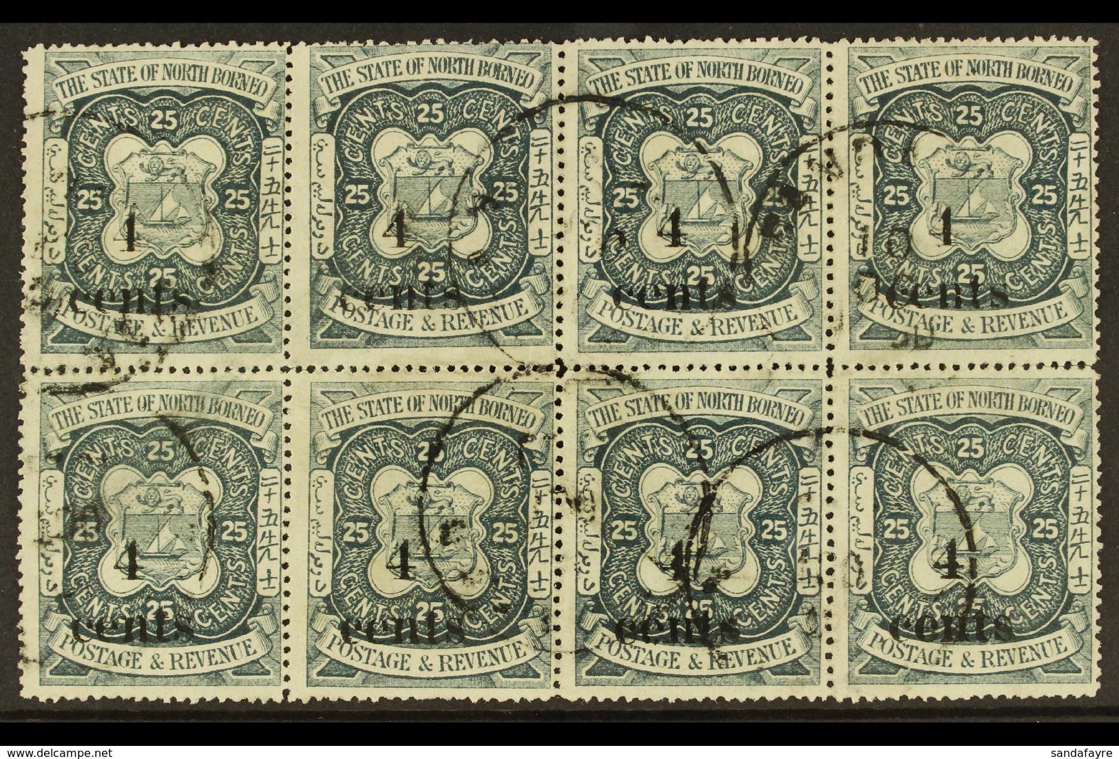 1904-05 4c On 25c Indigo (SG 152) - A Fine Used BLOCK OF EIGHT (4 X 2), Couple Of Short Perfs. Scarce Multiple! For More - North Borneo (...-1963)