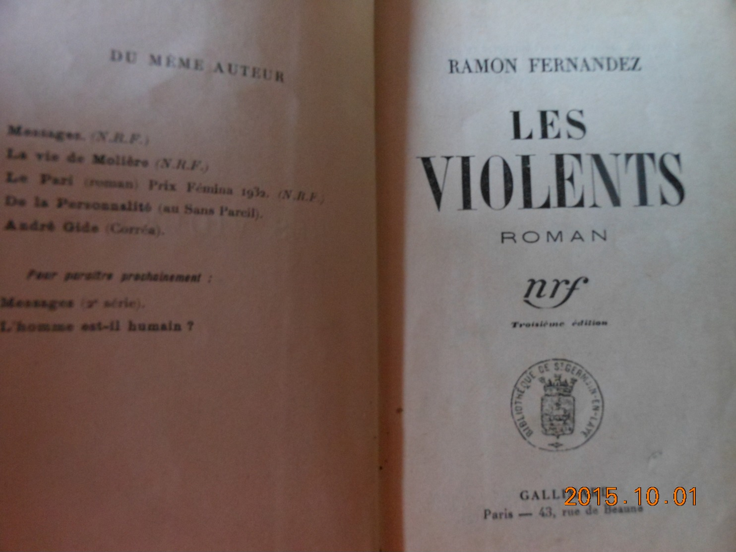 RAMON FERNANDEZ - Les Violents (roman) 1935 NRF - 1901-1940