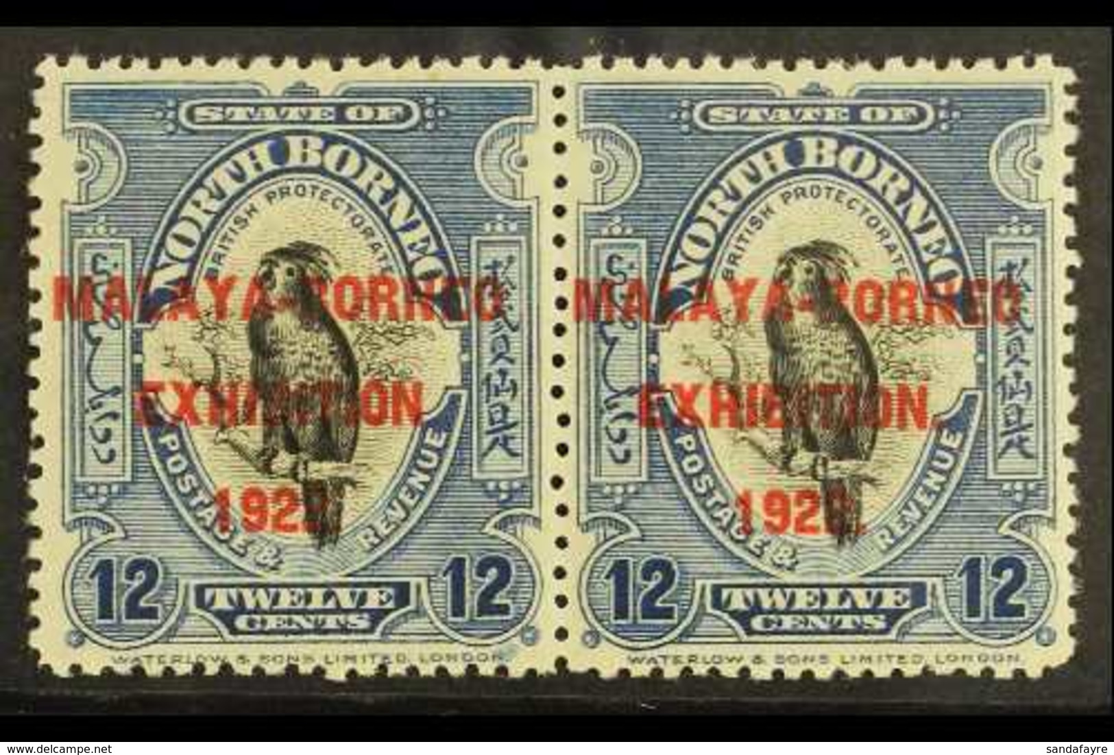 1922 12c Deep Blue Pair, One Stamp Bearing Variety "Stop After Exhibition", SG 265/265a, Fine Mint (2 Stamps) For More I - Borneo Septentrional (...-1963)