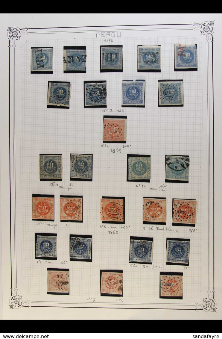 1858-73 OLD-TIME SPECIALISED COLLECTION DIFFERENT SHADES & TYPES Presented On Album Pages, We See 1858 1d Blue, Fine To  - Peru